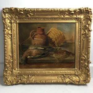Antique Still Life Oil Painting of Wood Pigeon and Song Thrush