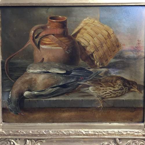 Antique Still Life Oil Painting of Wood Pigeon and Song Thrush image-2