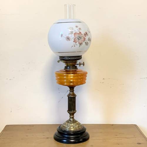 Victorian Brass and Orange Glass Oil Lamp image-1