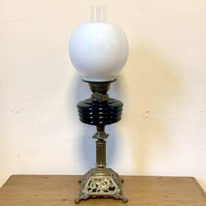 Victorian Brass and Blue Glass Oil Lamp