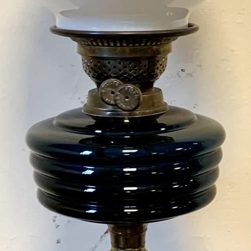 Victorian Brass and Blue Glass Oil Lamp image-3