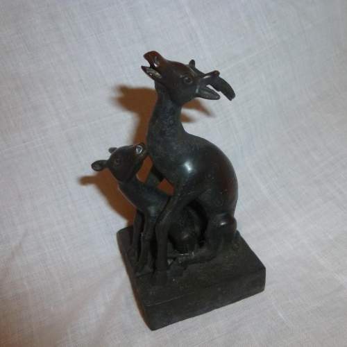 Small Oriental Bronze Seal in form of Doe and Fawn image-1