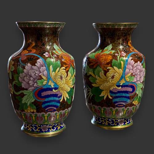 Pair of Vintage Floral Cloisonné Vases image-1