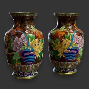 Pair of Vintage Floral Cloisonné Vases