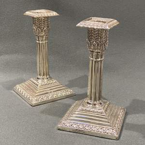 Pair of 19th Century Silver Corinthian Column Candlesticks