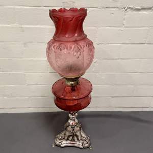 Victorian Silver Plated and Cranberry Glass Oil Lamp