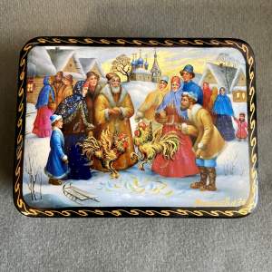 Russian Palekh Painted Box with Fighting Cockerels