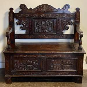Early 20th Century Carved Oak Box Settle