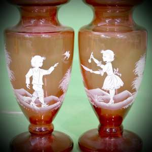 Pair of Mary Gregory Style Glass Vases