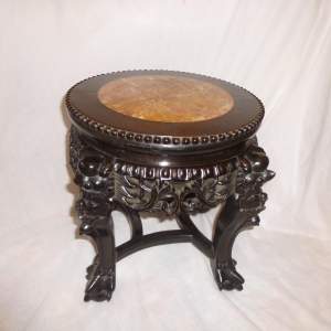 Small Chinese Hardwood Carved Stand with Pink Marble Inset Top