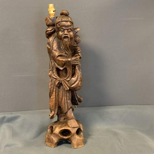 Oriental Carved Hardwood Figural Lamp image-1