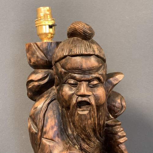 Oriental Carved Hardwood Figural Lamp image-2