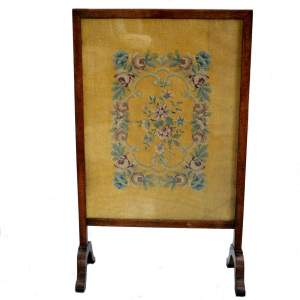 English Oak Firescreen with Floral Woolwork Embroidered Panel
