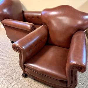 Pair of 1920s Conker Brown Leather Club Armchairs