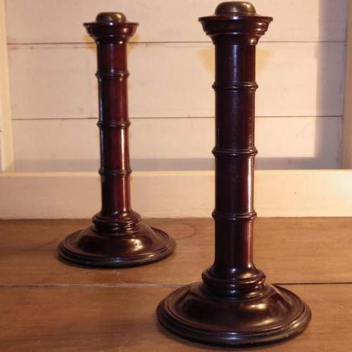 Antique Fine Pair of 19th Century Turned Mahogany Candlesticks image-1