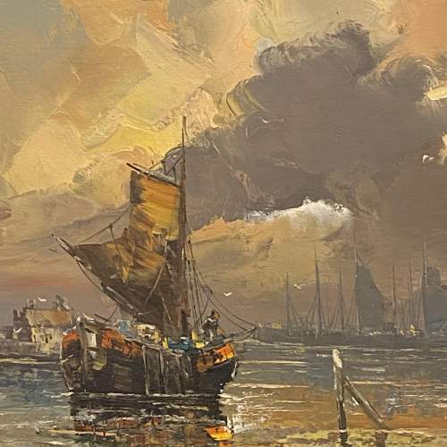 20th Century Continental Harbour Scene Oil on Canvas image-2