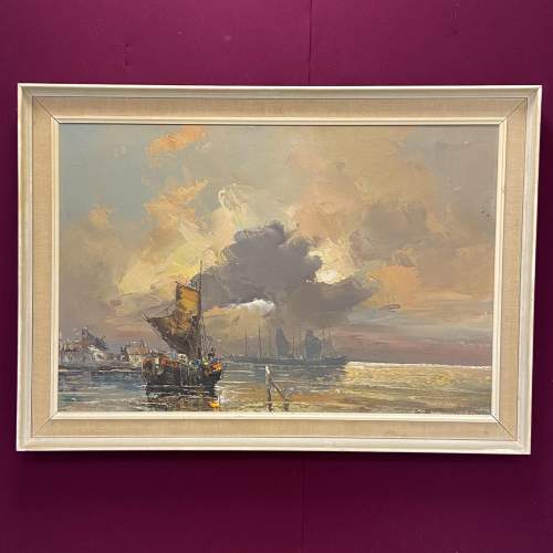 20th Century Continental Harbour Scene Oil on Canvas image-1