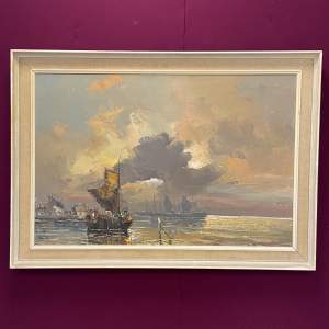 20th Century Continental Harbour Scene Oil on Canvas