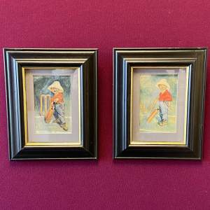 Early 20th Century Pair of Watercolours of a Boy Playing Cricket