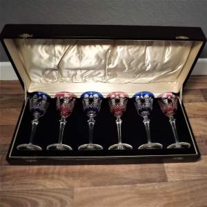Circa 1920 Set of Six Cut Crystal Bohemian Wine Glasses in Case