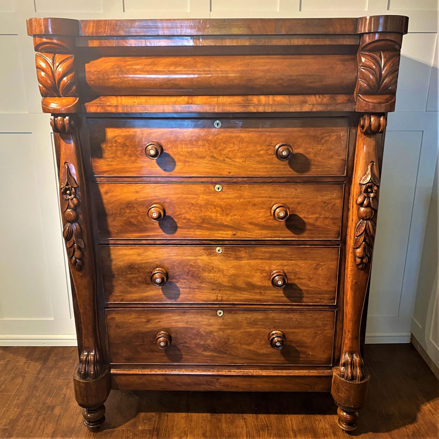 Tall Four Drawer Flame Mahogany Scottish Chest Late Victorian
