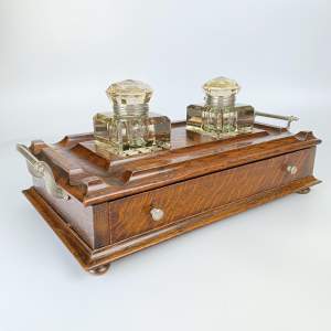Edwardian Oak Desk Stand - Two Smoked Glass Square Cut Ink Wells