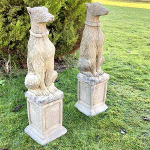 Pair of Deer Hound Dog Statues on Small Plinths