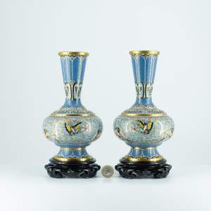 Pair of Vintage Chinese Cloisonne Vases and Stands
