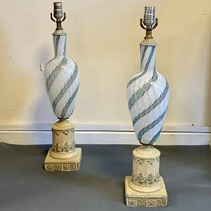 Pair of Barovier and Toso Latticino Glass Lamps