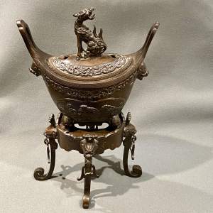 19th Century Chinese Patinated Bronze Boat Shaped Censor on Stand