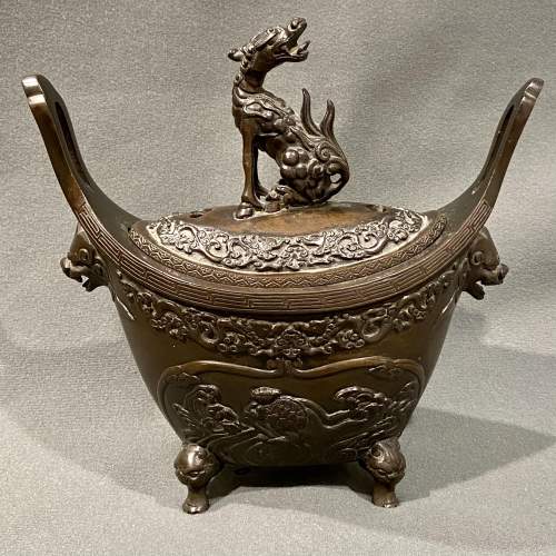 19th Century Chinese Patinated Bronze Boat Shaped Censor on Stand image-2