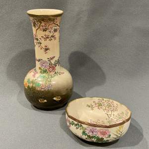 Meiji Period Japanese Satsuma Mallet Vase and Shallow Bowl