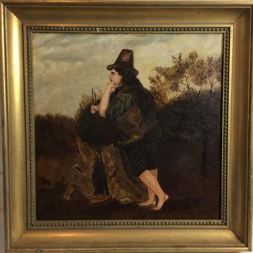 Antique Naive School Oil Painting Study of a Figure by a Haybale image-1