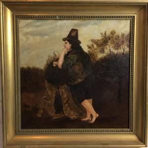 Antique Naive School Oil Painting Study of a Figure by a Haybale
