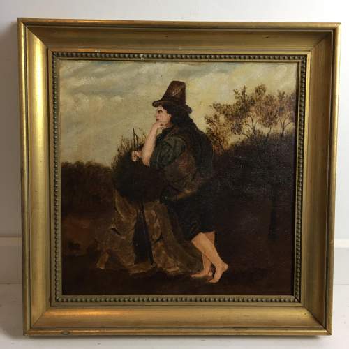 Antique Naive School Oil Painting Study of a Figure by a Haybale image-5