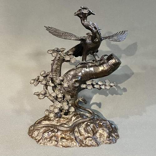 1930s Bronze Phoenix and Snake among Lotus Leaves image-1