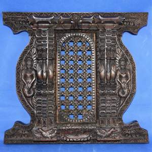 Carved Indian Wall Plaque Featuring Mythological Figures and Birds