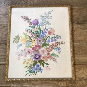 20th Century Floral Needlework of Garden Flowers in Gilt Frame