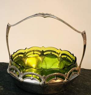 WMF Art Nouveau Silver Plated Basket Green Glass Lined Circa 1900
