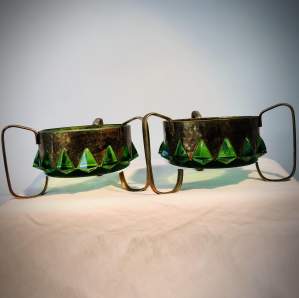 Pair of Arts and Crafts Metal Plate Emerald Glass Lined Tripod Dishes