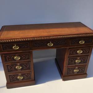 Victorian Quality Carved Twin Pedestal Desk With Tan Leather 1880