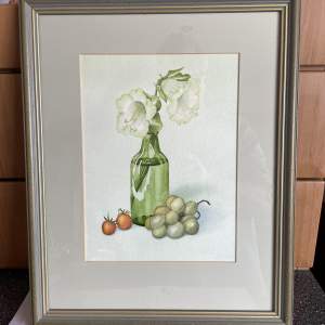Still Life Water Colour Painting of Bottle and Fruit