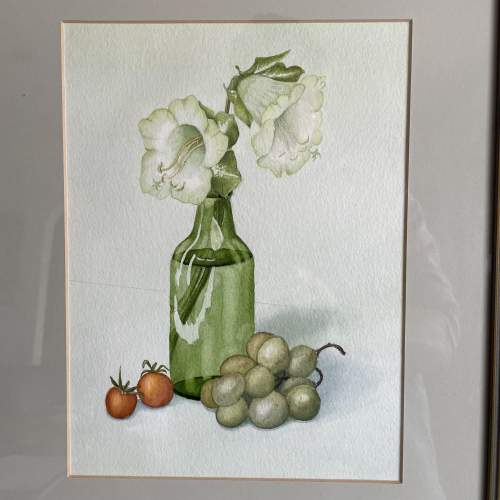 Still Life Water Colour Painting of Bottle and Fruit image-2