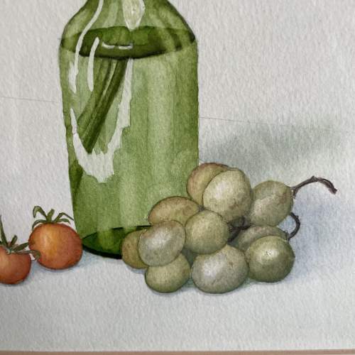 Still Life Water Colour Painting of Bottle and Fruit image-4