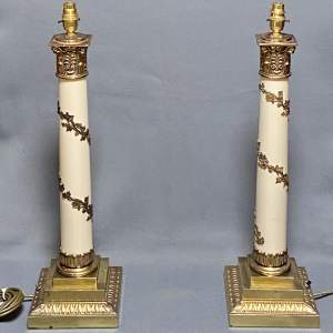 Pair of 20th Century Brass Plated and White Painted Column Lamps