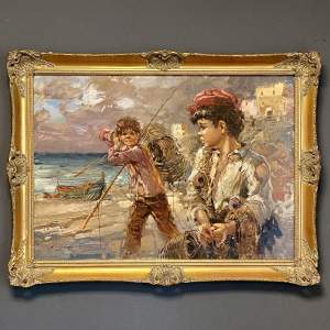 20th Century Oil and Acrylic on Canvas Painting of Fisher Boys