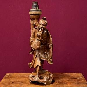 Vintage Chinese Carved Hardwood Figural Lamp