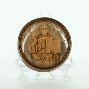 Excellent Antique Carved Wood Image of Christ Pantocrator