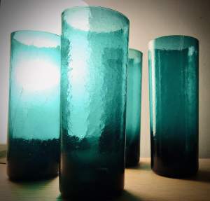 Set of Four Heavy Mid Century Tall Hand Blown Crackle Glasses in Teal Tones