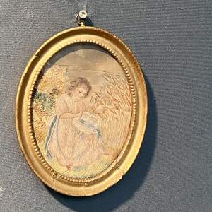 19th Century Silk Embroidery of Girl With Bonnet in a Wheat Field